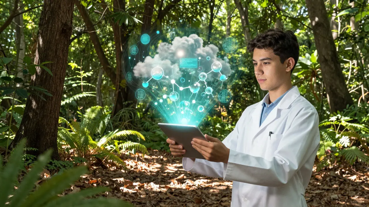 A scientist in a forest using a tablet to project holographic data into the air