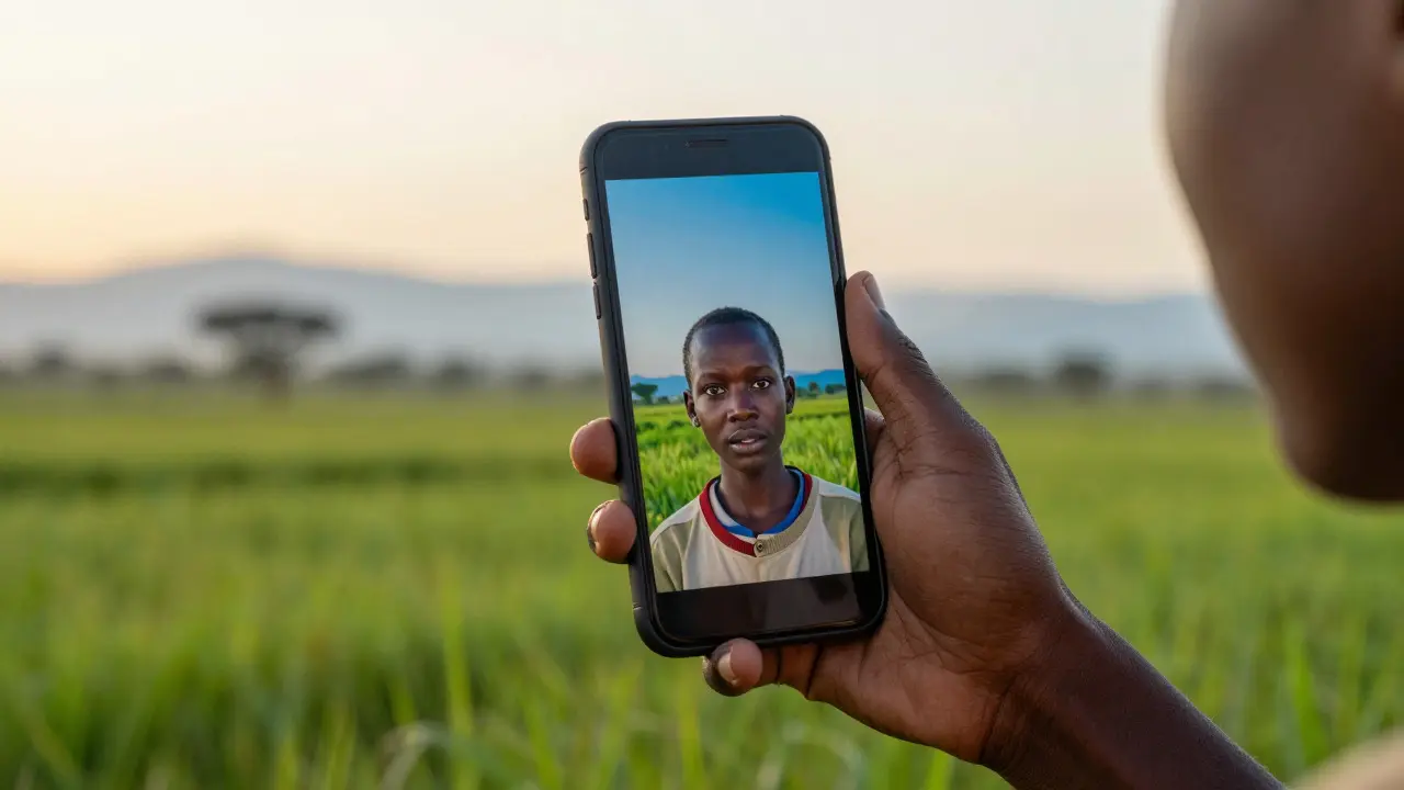 A student in a rural area using a smartphone to access online information at sunrise