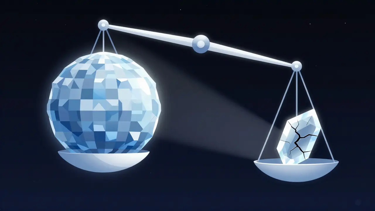 A surreal balance scale tipping towards a dense sphere over a single fragile shard