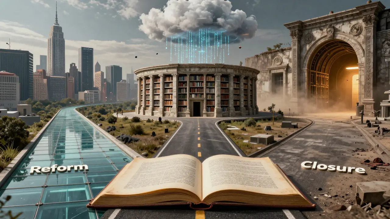 A symbolic collage showing three diverging paths: a modern city, a stone library, and an archive vault.