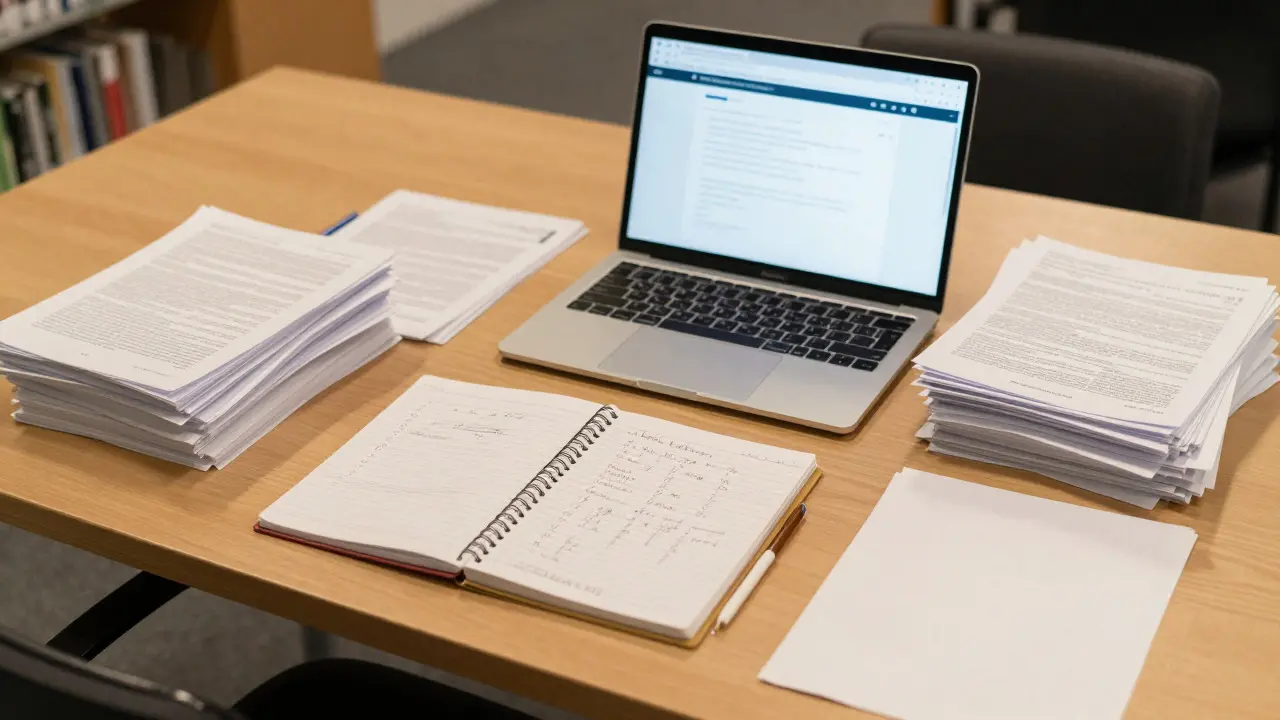 A tidy desk with a laptop and notebooks illustrating the process of evaluating and organizing sources