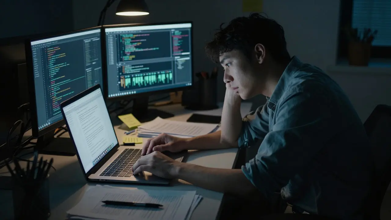 A tired editor working late at night at a desk, reflecting on editorial restrictions