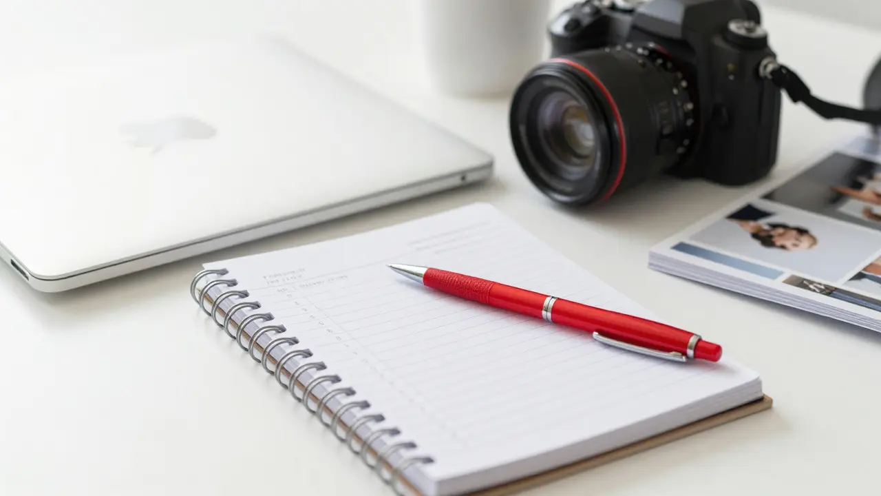 A workspace with a checklist, red pen, and camera for final review