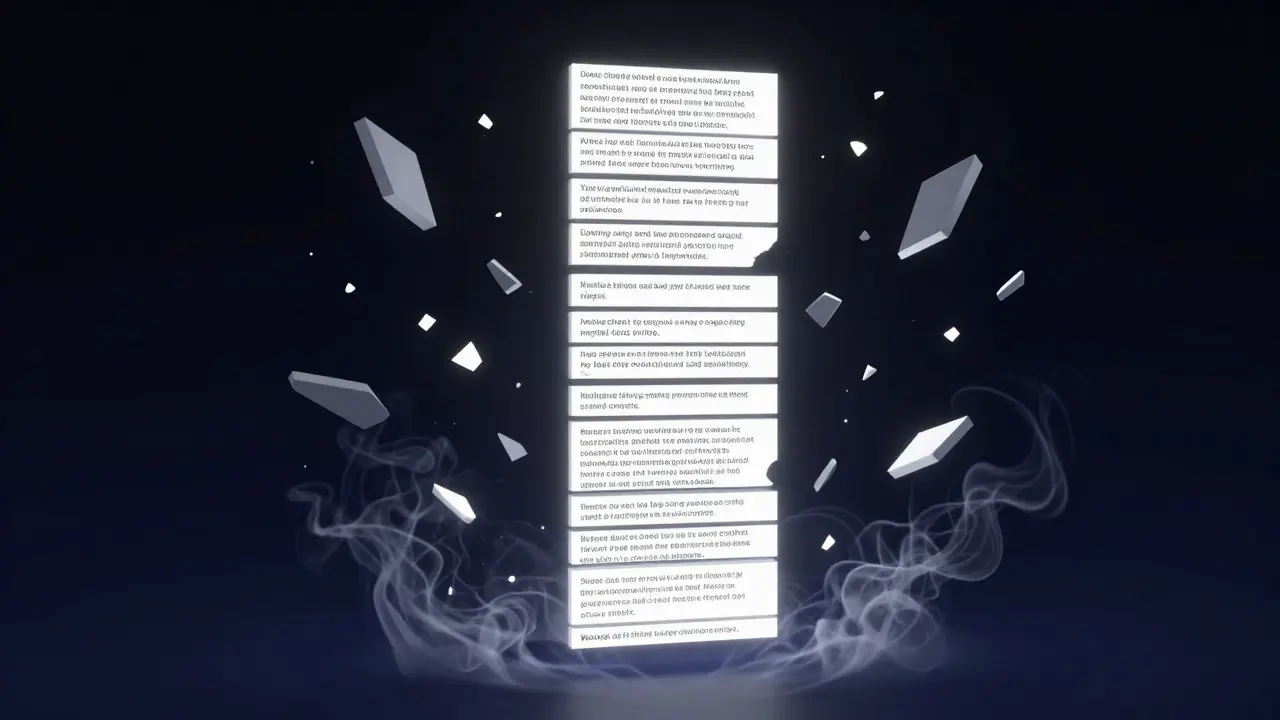 Abstract 3D art showing a rigid column of light surrounded by chaos, representing structured AI text.
