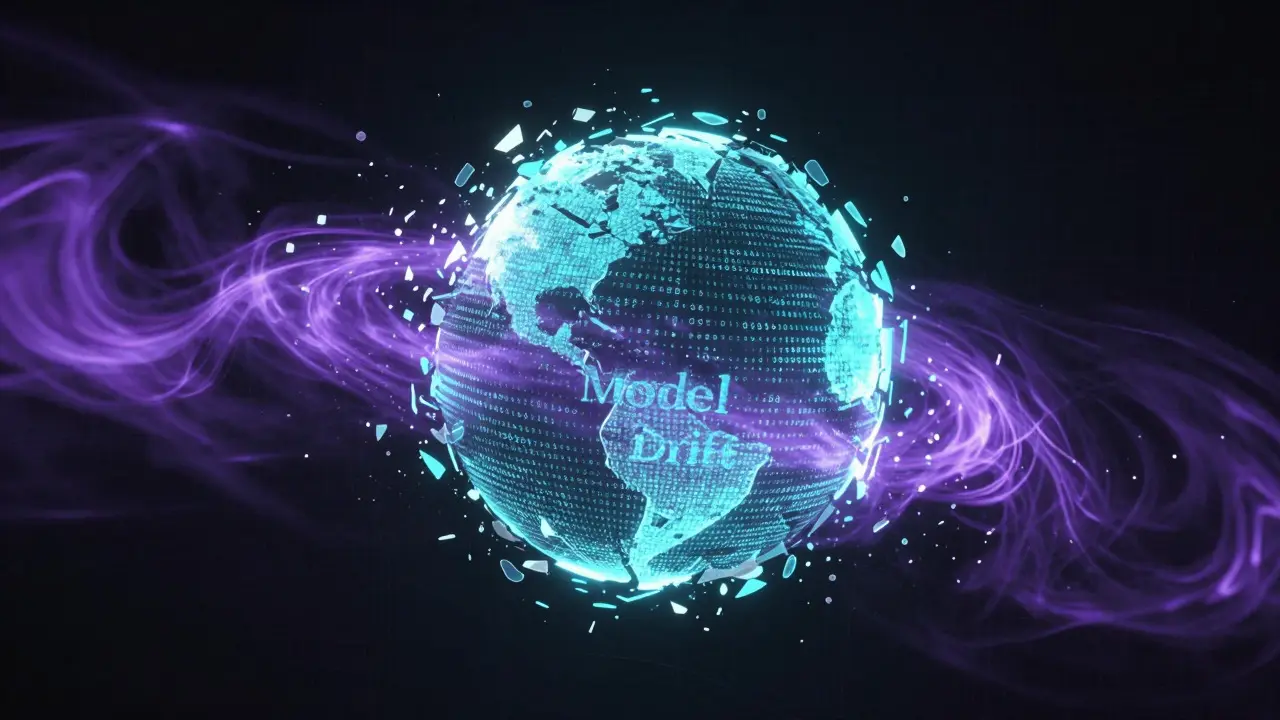 Abstract 3D render of a fracturing data sphere with swirling purple and cyan energy