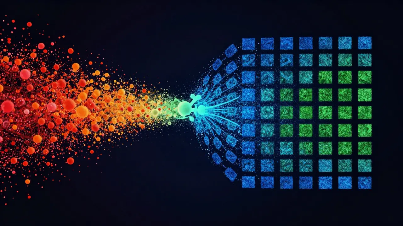 Abstract art depicting chaotic data particles organizing into a structured, balanced pattern.
