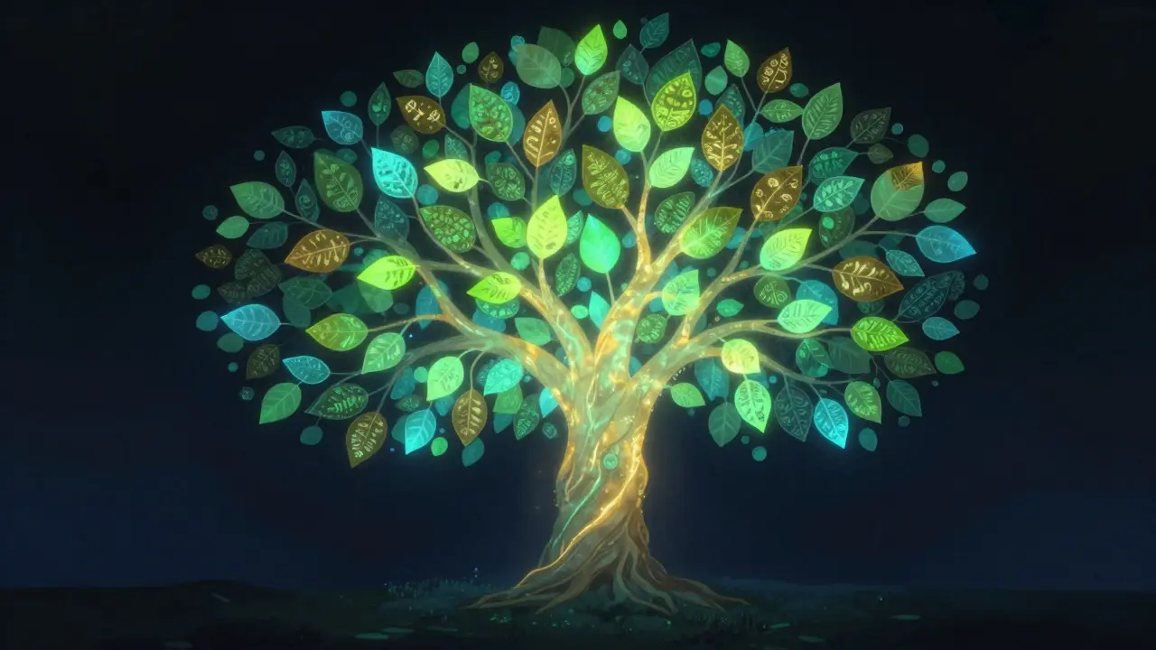 Abstract art of a glowing tree with script-patterned leaves emerging from darkness, representing language revival