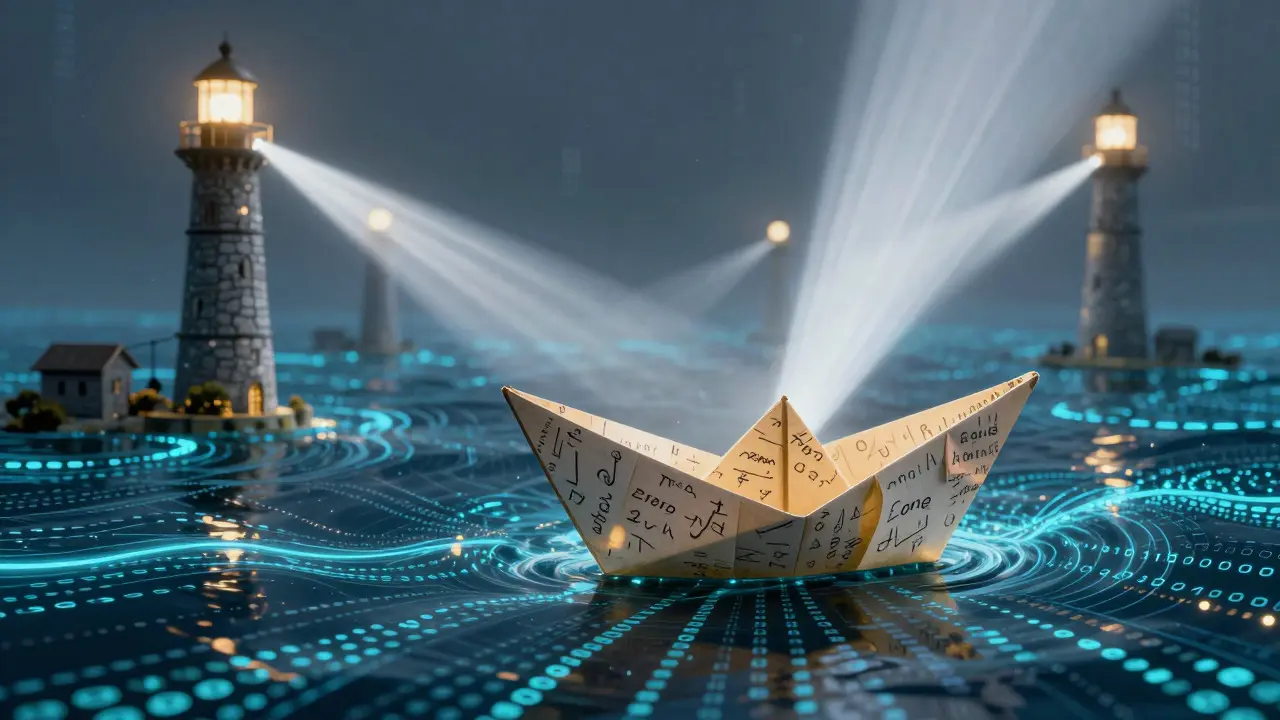 Abstract art of a paper boat navigating a digital ocean guided by lighthouse beams