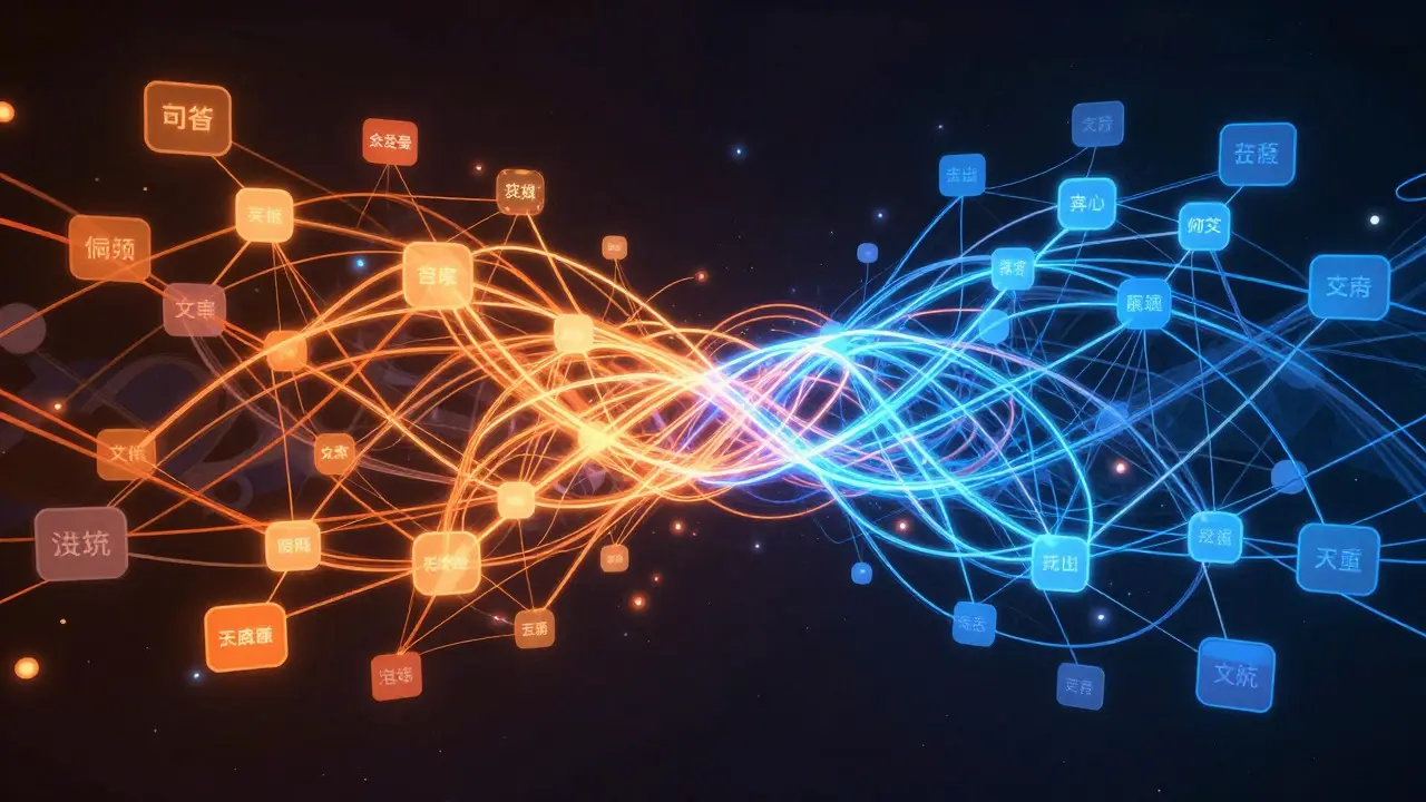 Abstract art of tangled glowing threads representing Chinese Wikipedia variants