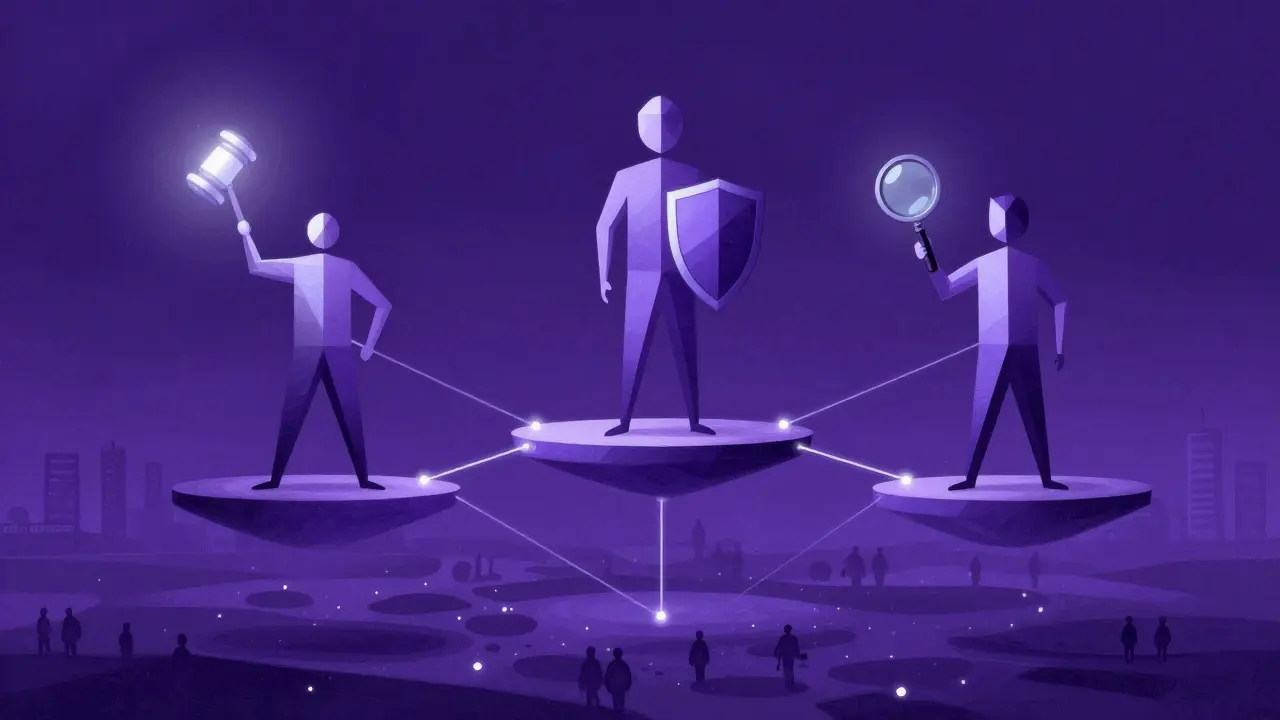Abstract art of three avatars on floating platforms connected by glowing lines