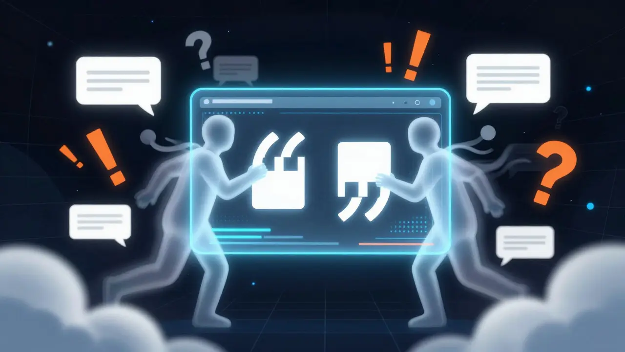 Abstract art of two digital figures arguing over a glowing data frame