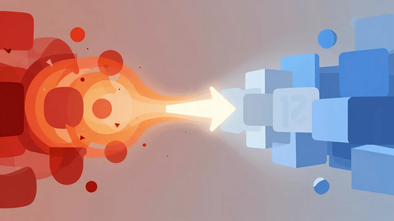 Abstract art showing chaotic red shapes transforming into structured blue geometry