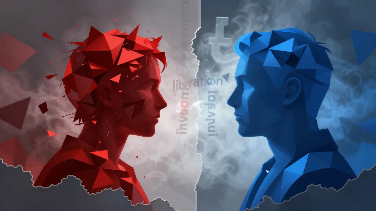 Abstract art showing two opposing figures separated by a border