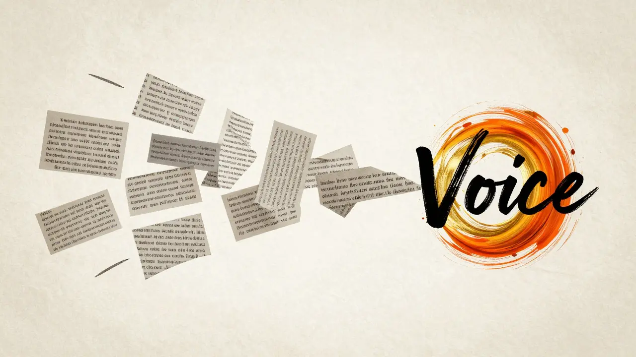 Abstract collage showing generic text transforming into a unique creative signature
