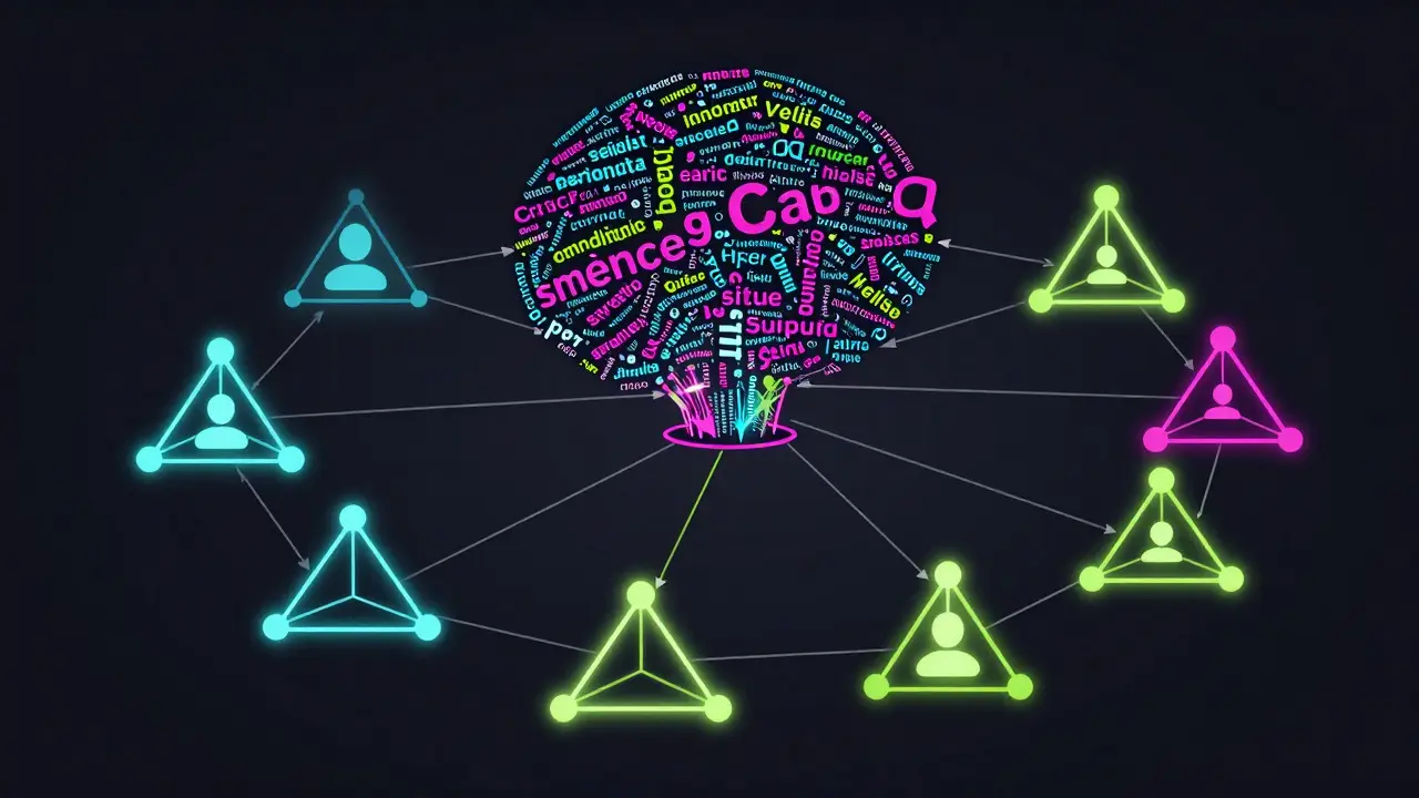 Abstract diagram showing chaotic text transforming into structured knowledge graphs