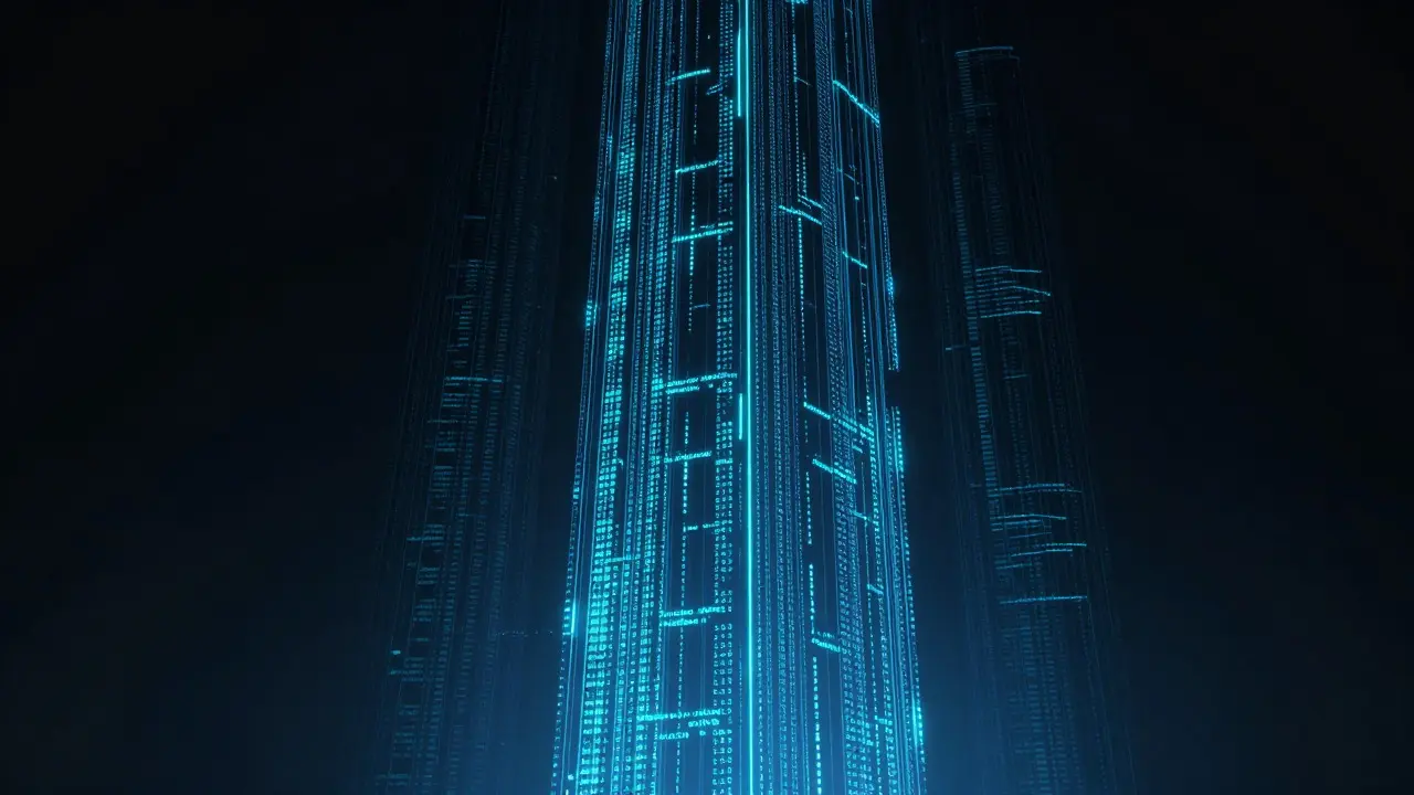 Abstract digital art depicting virtual rendering of code lines in a dark space