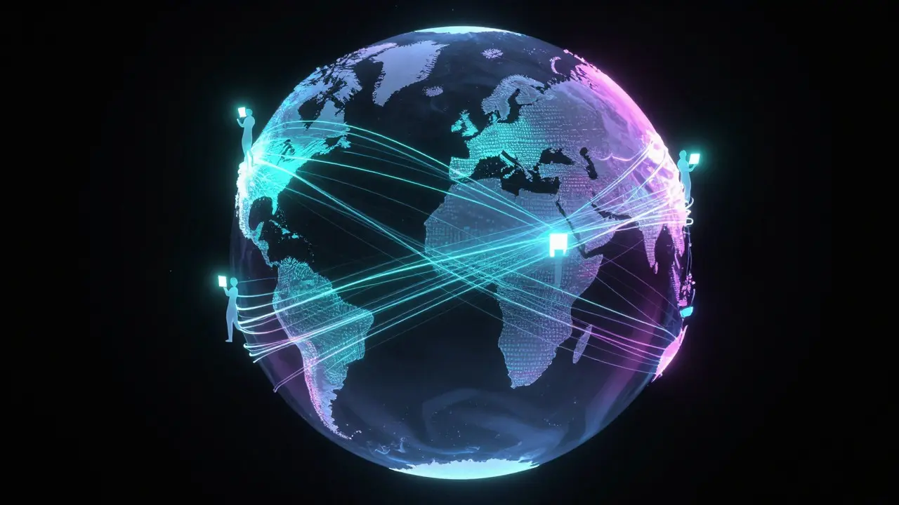 Abstract digital art of a globe connected by glowing threads representing cross-time-zone data flow
