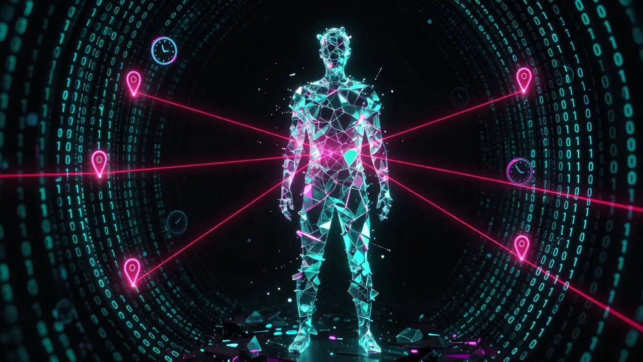 Abstract digital art of a silhouette formed by data streams and connection lines, representing correlation attacks.