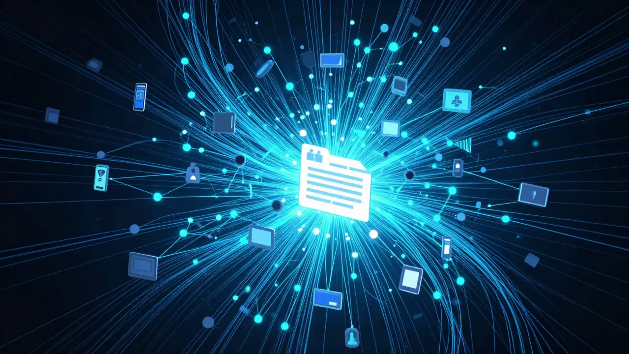 Abstract digital art showing a central node connected to many smaller nodes by bright blue lines, representing data traffic