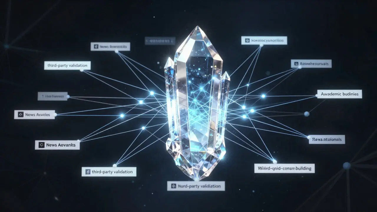 Abstract digital art showing a central structure supported by glowing network connections