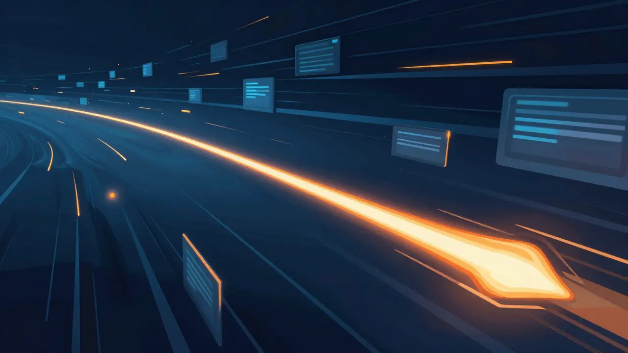 Abstract digital art showing a fast light trail moving through a network, symbolizing speed in niche news