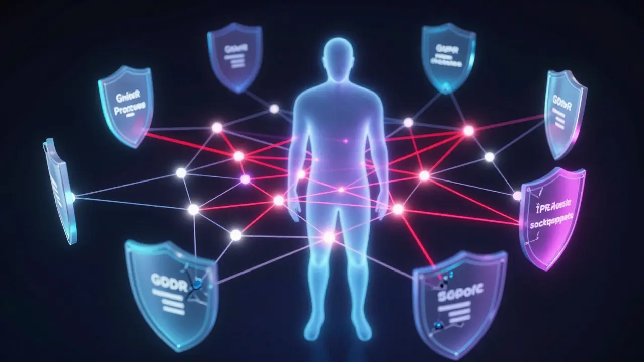 Abstract digital art showing a human silhouette connected by glowing data lines