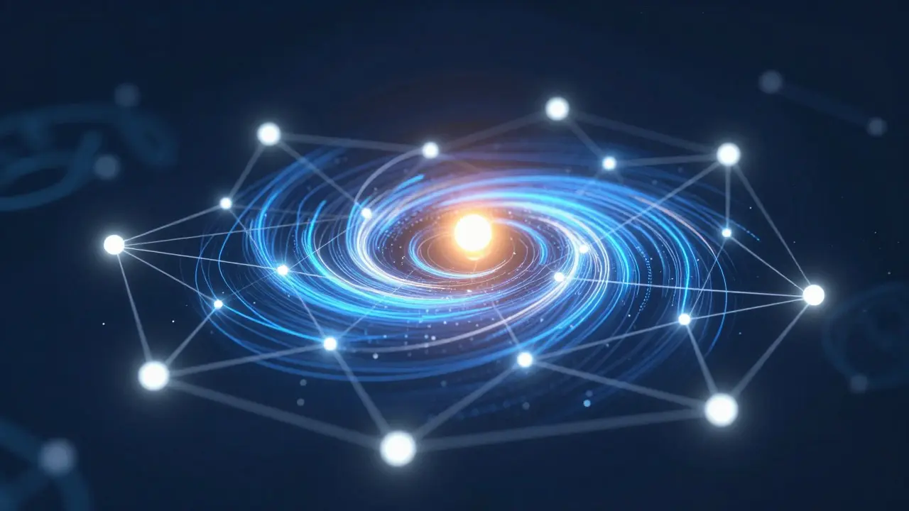 Abstract digital art showing a network of connected glowing nodes