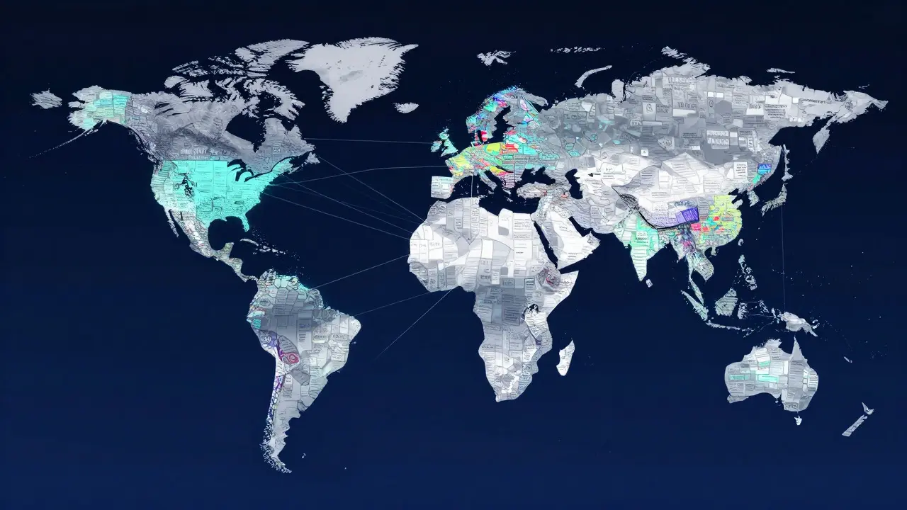 Abstract digital globe made of glowing tiles representing multilingual encyclopedia editions