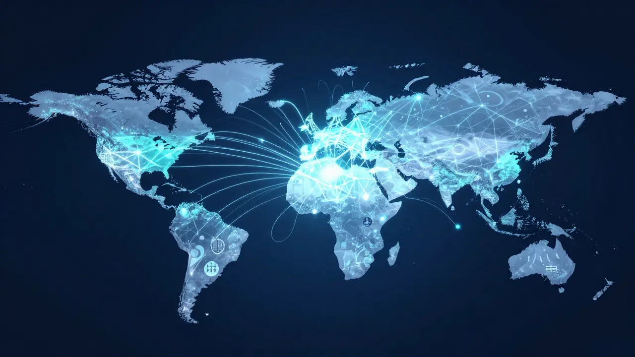 Abstract digital illustration of a global network connecting community members