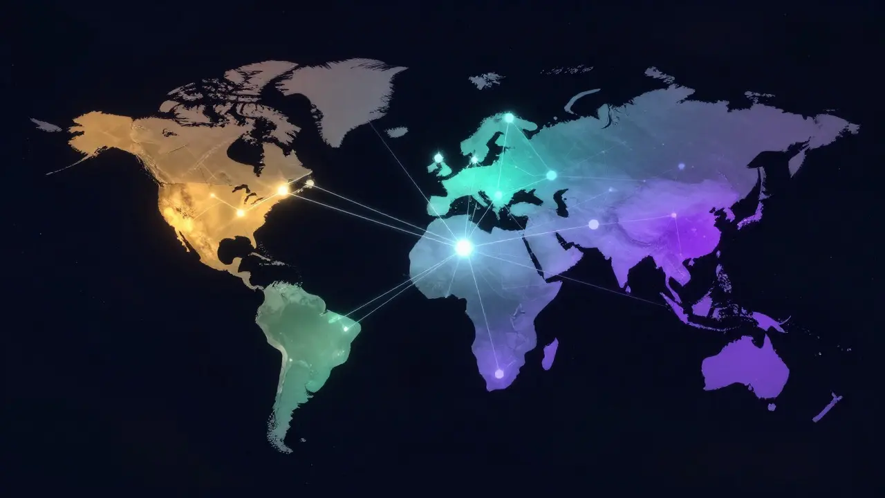 Abstract digital illustration of a global network with glowing regional nodes connected to a central hub