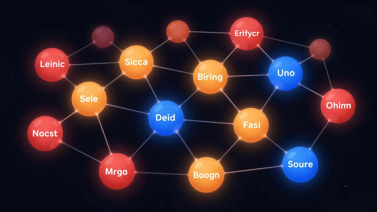 Abstract digital illustration of colored spheres connected by glowing lines representing multilingual networks