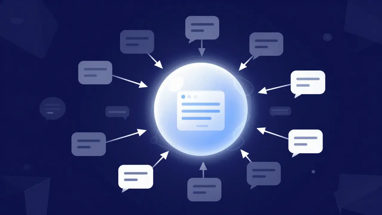 Abstract digital illustration showing network of editors reaching consensus around a central article node
