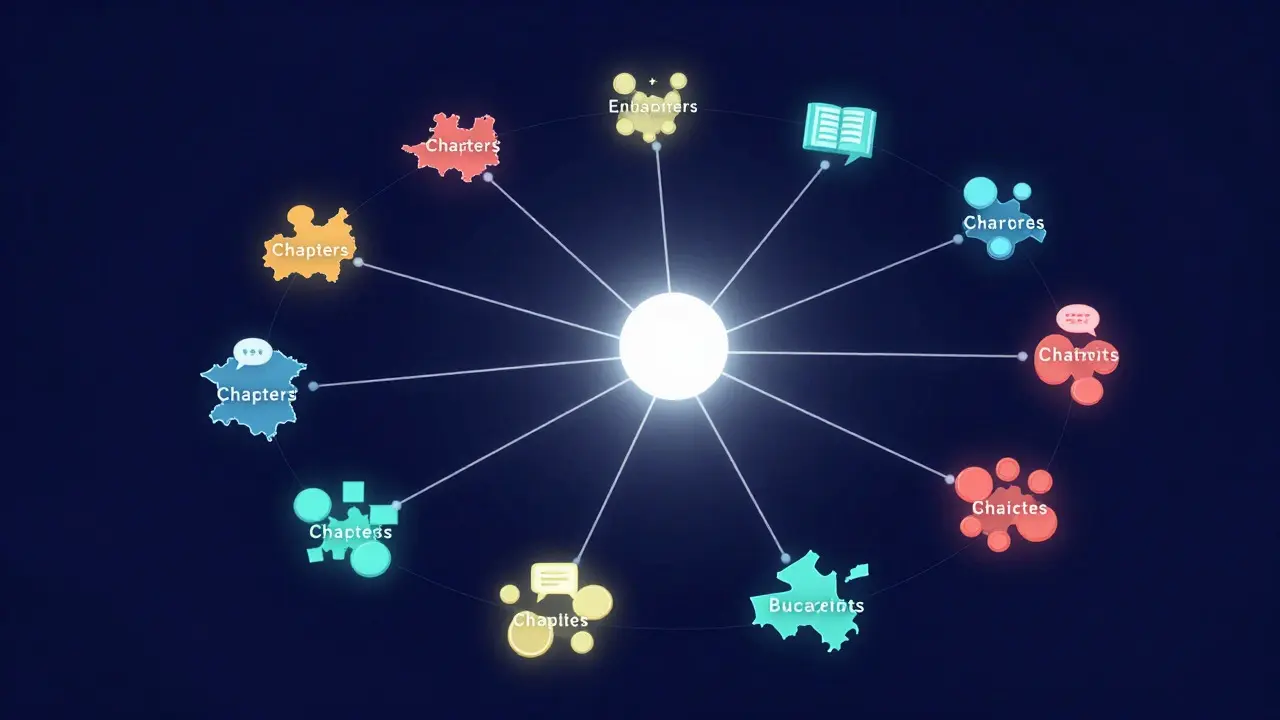 Abstract digital network diagram showing central hub connected to colorful local affiliate clusters