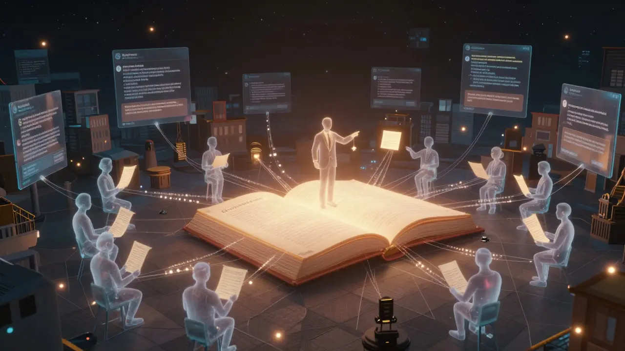 Abstract digital town square where avatars debate around a glowing book, mediated by a central figure