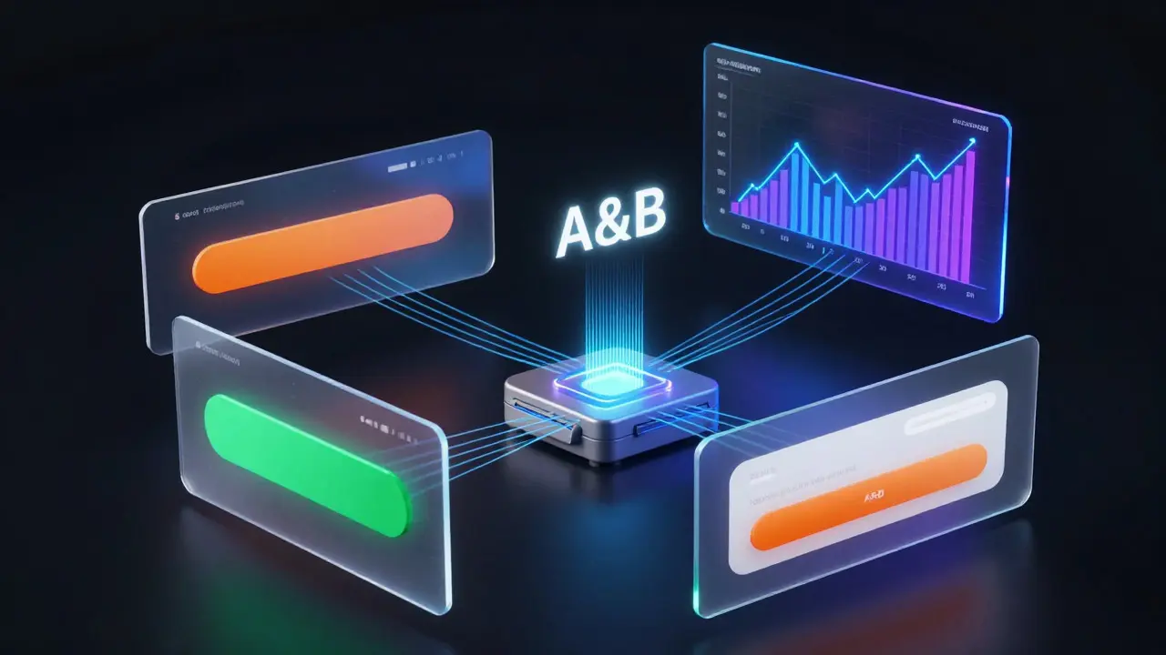 Abstract digital visualization of A/B testing variants and data streams for web banners.