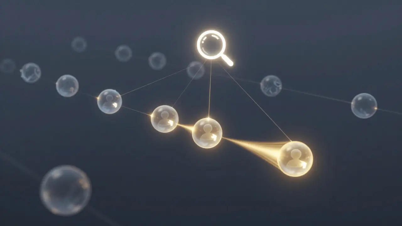 Abstract digital visualization of synchronized user behavior patterns being detected by algorithms.