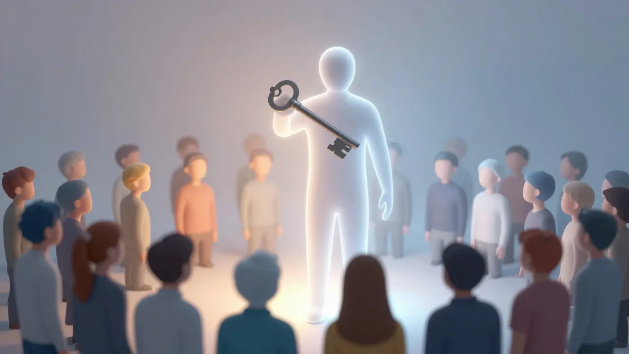 Abstract figure holding a key surrounded by community orbs