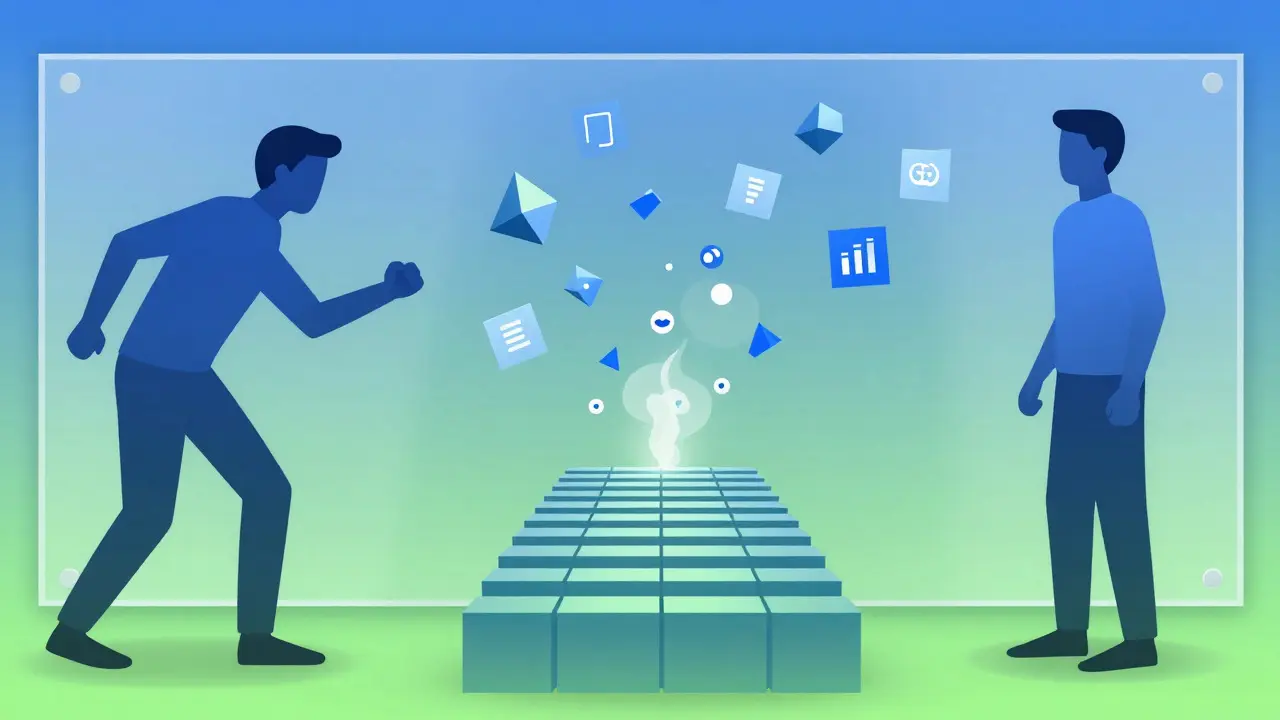 Abstract figures separated by a glass wall moving toward a bridge of structured blocks