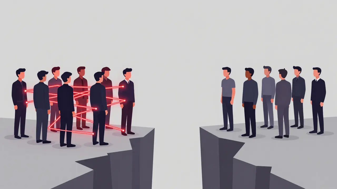 Abstract figures split by chasm, one group linked by red lines