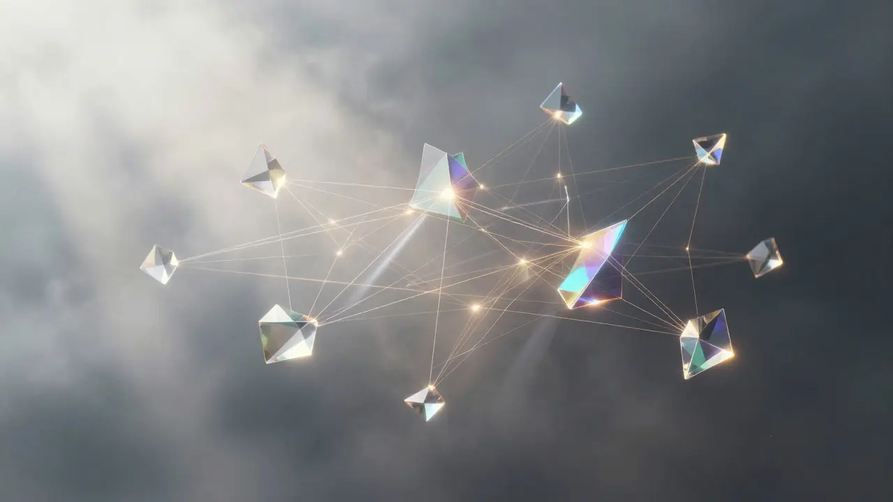 Abstract glass prisms connected by light filaments in a misty, colorful void
