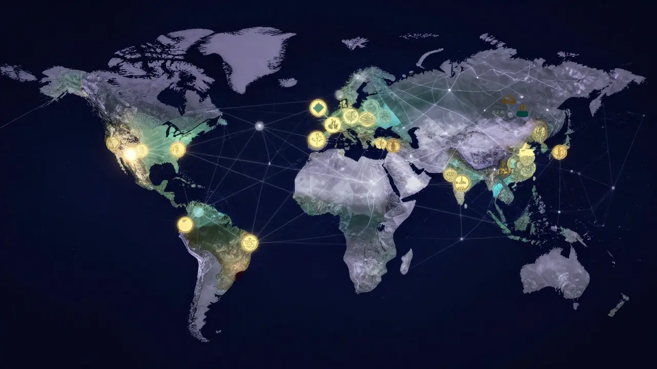 Abstract global network map showing connected nodes and a neural web overlay