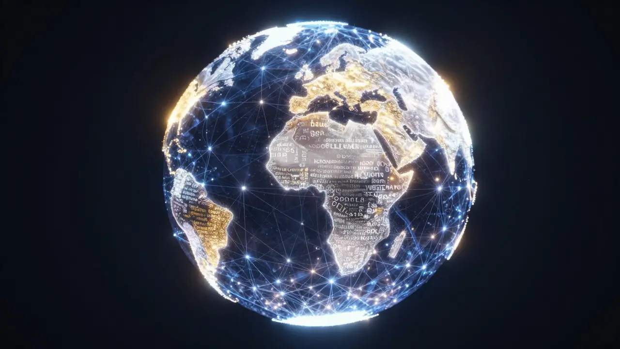 Abstract glowing globe formed by interconnected multilingual symbols in the dark