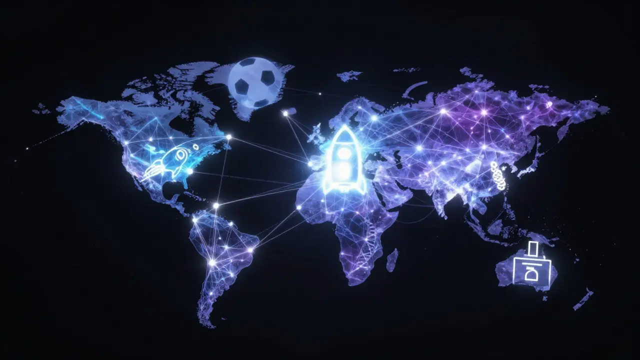 Abstract glowing network of icons representing trending topics like sports, science, and politics