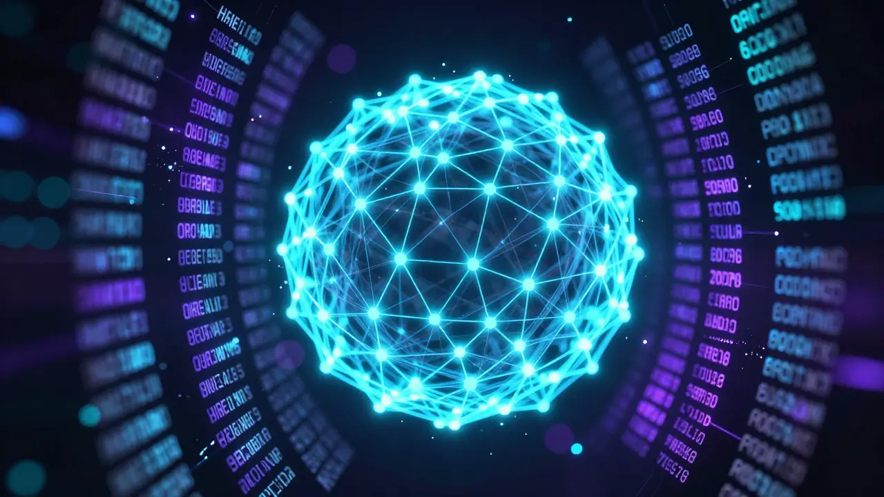 Abstract glowing network sorting fragmented text blocks