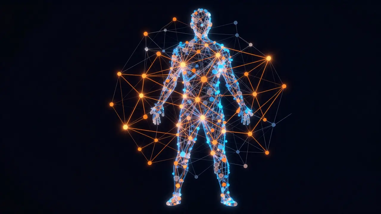 Abstract human silhouette formed by a network of colored nodes