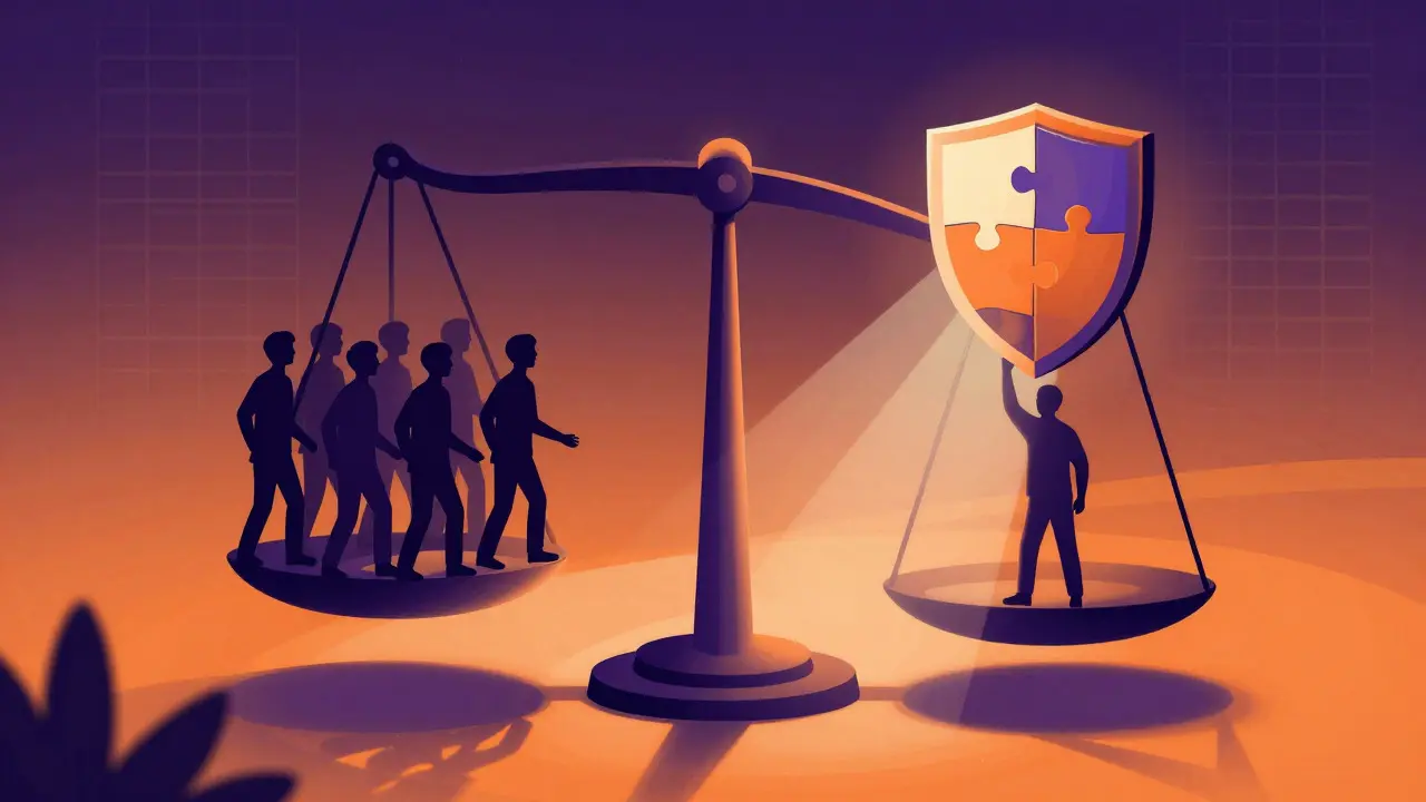 Abstract illustration of a balance scale weighing groups of people against policy shields