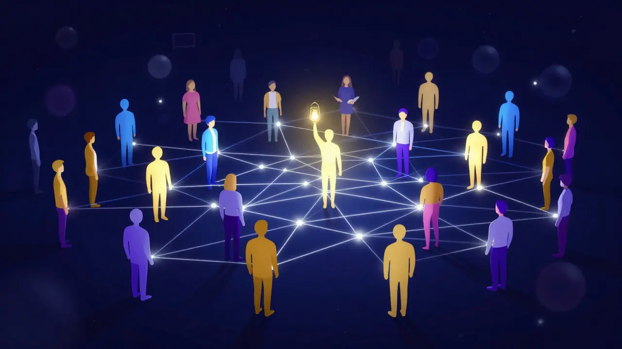 Abstract illustration of a connected community network with highlighted contributors