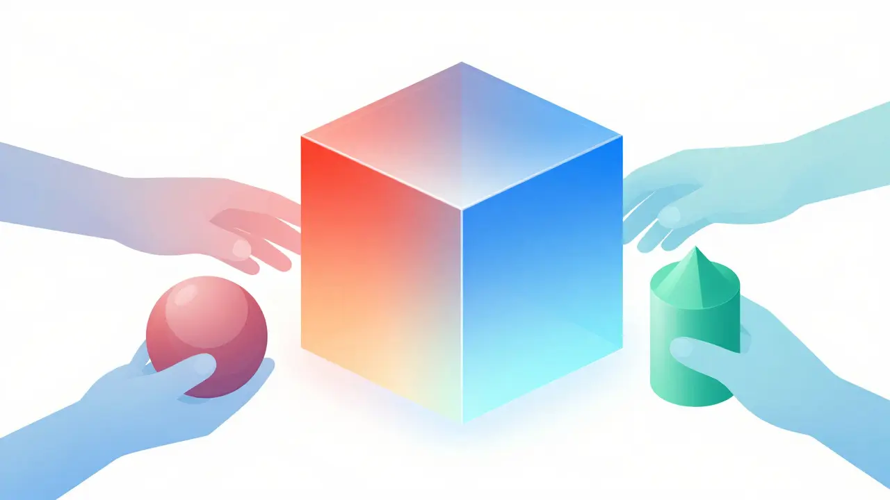 Abstract illustration of a glass cube splitting into organized geometric shapes