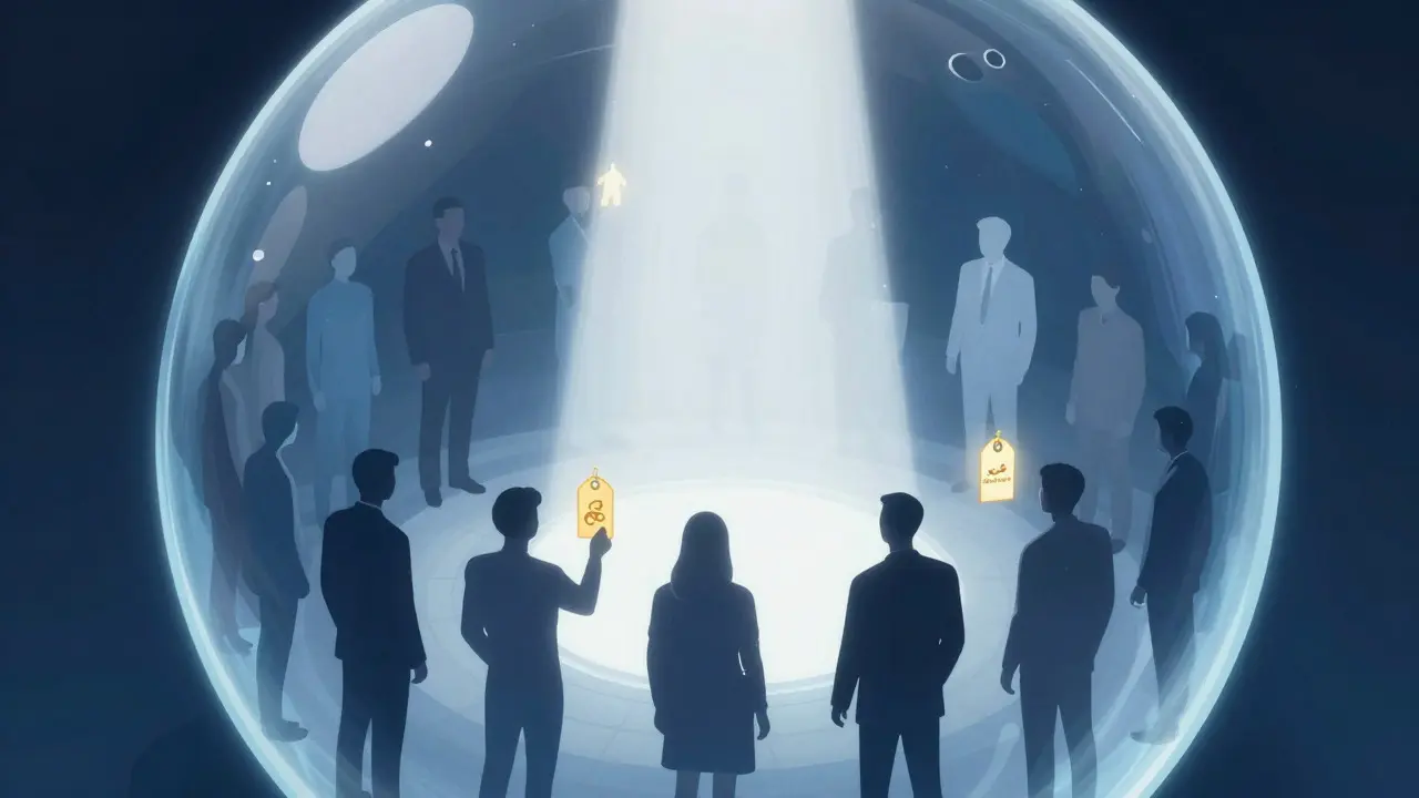 Abstract illustration of a glass sphere containing diverse human figures with glowing tags