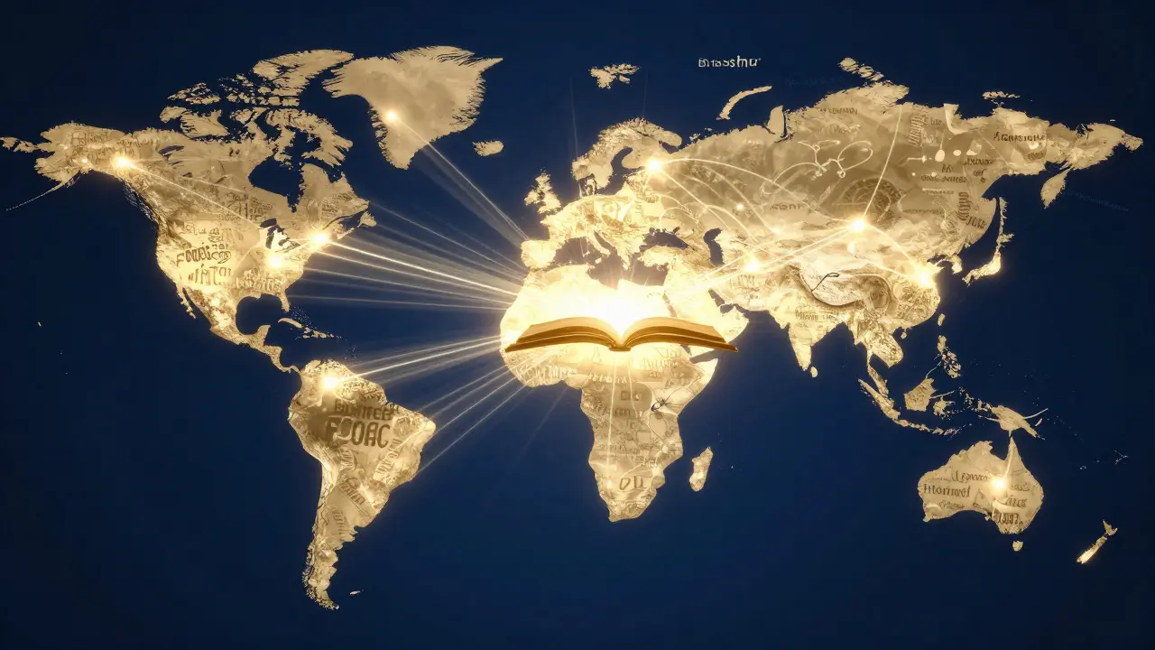 Abstract illustration of a global network connecting different regions through shared knowledge
